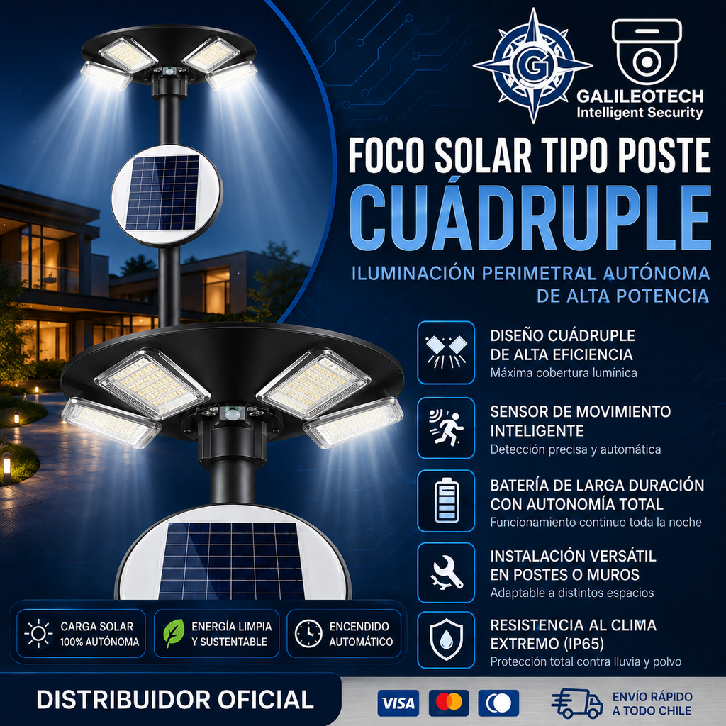Foco Solar Profesional de Poste Cuádruple 360°